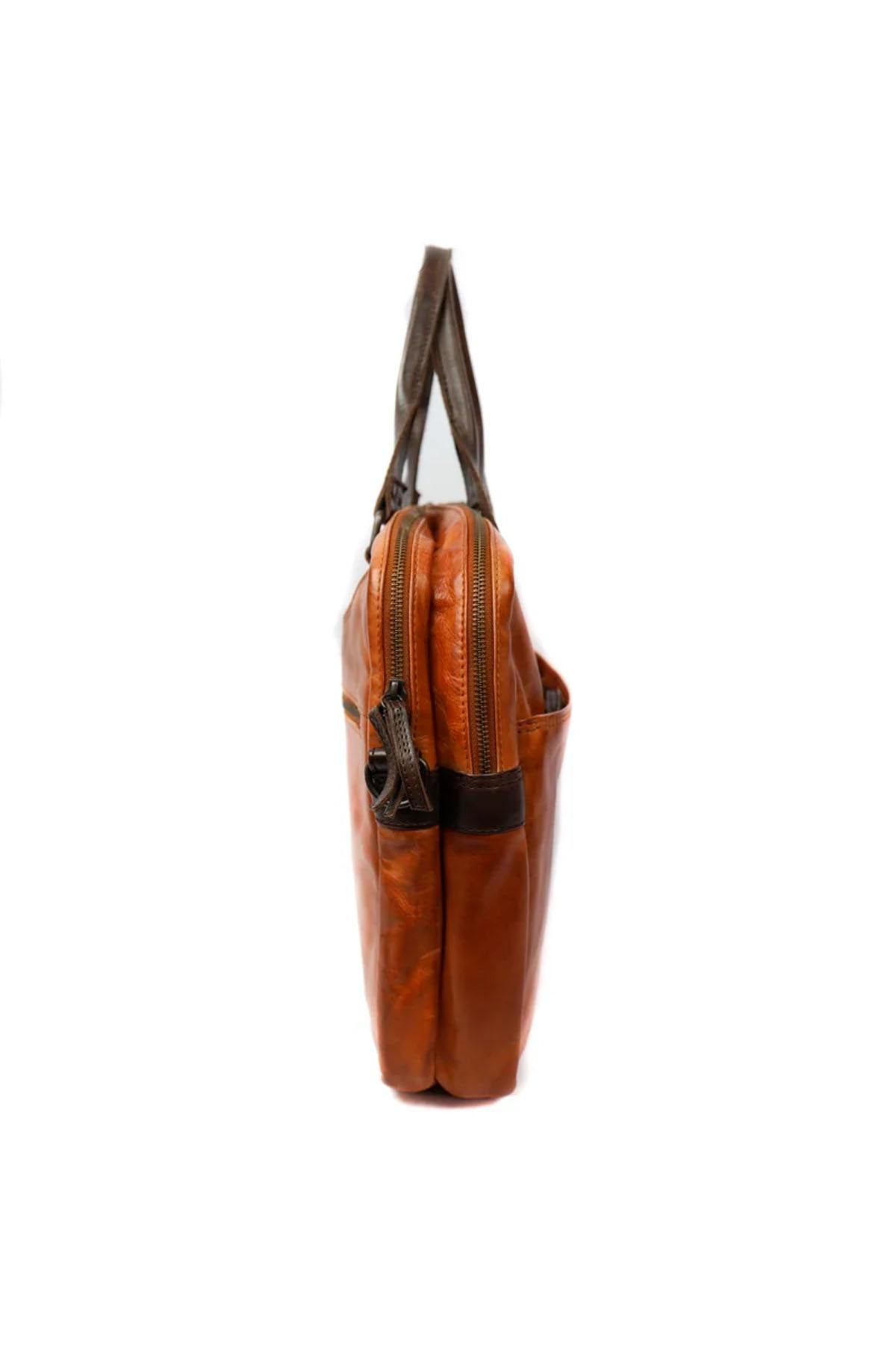 Cognac and brown leather laptop bag - Image n°4