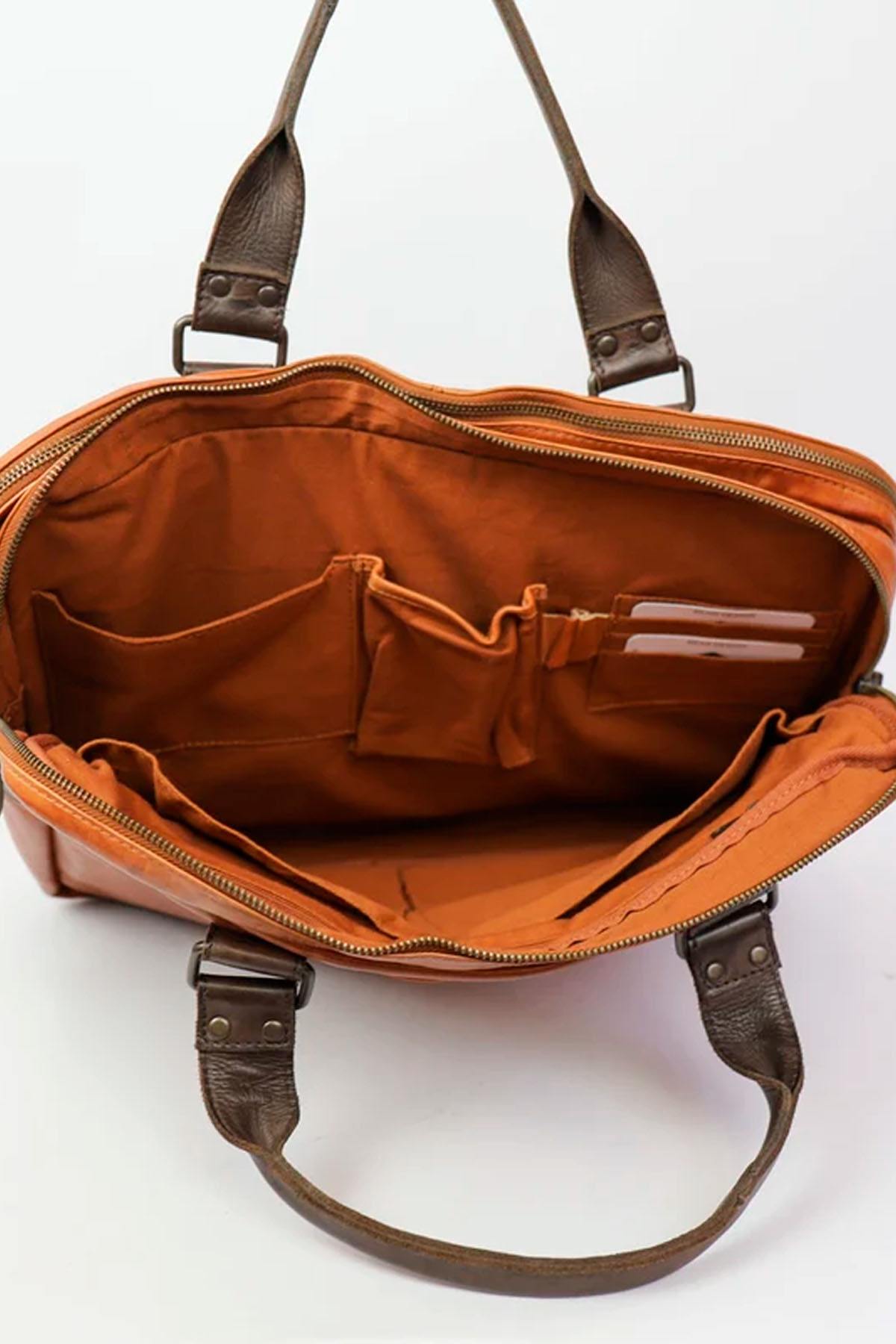 Cognac and brown leather laptop bag - Image n°8
