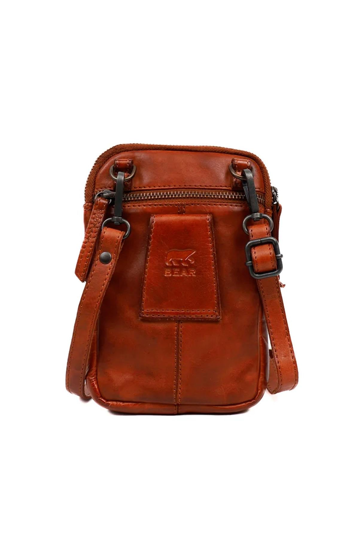 Cognac leather bag with embossed logo - Image n°2