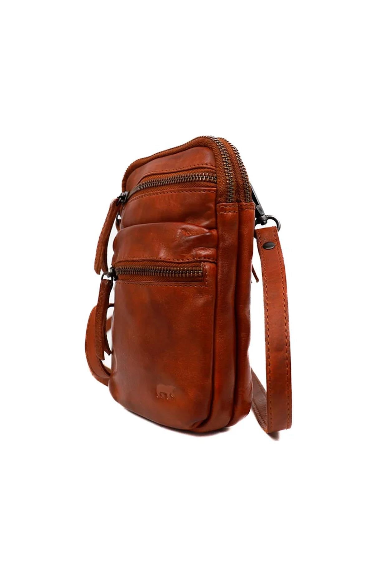 Cognac leather bag with embossed logo - Image n°4