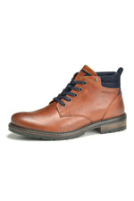 Cognac leather ankle boots with navy blue details - Image n°1