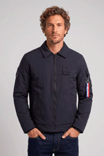 Lightweight navy blue polyester jacket with a shirt collar - Image n°1