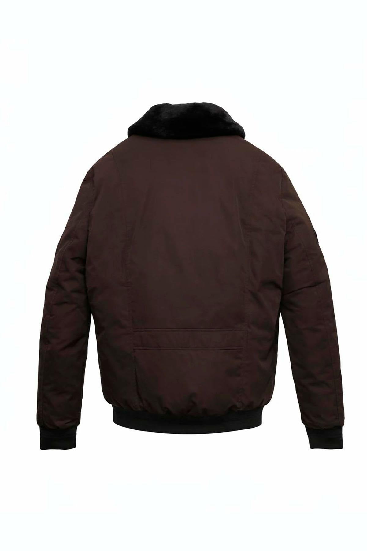 Brown polyester bomber jacket with a faux fur collar - Image n°3