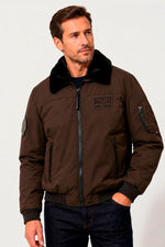 Brown polyester bomber jacket with a faux fur collar - Image n°1