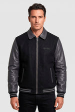 Black and grey collared varsity jacket with embroidered logo - Image n°1