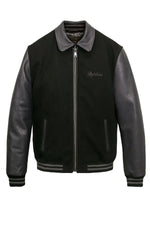 Black and grey collared varsity jacket with embroidered logo - Image n°3