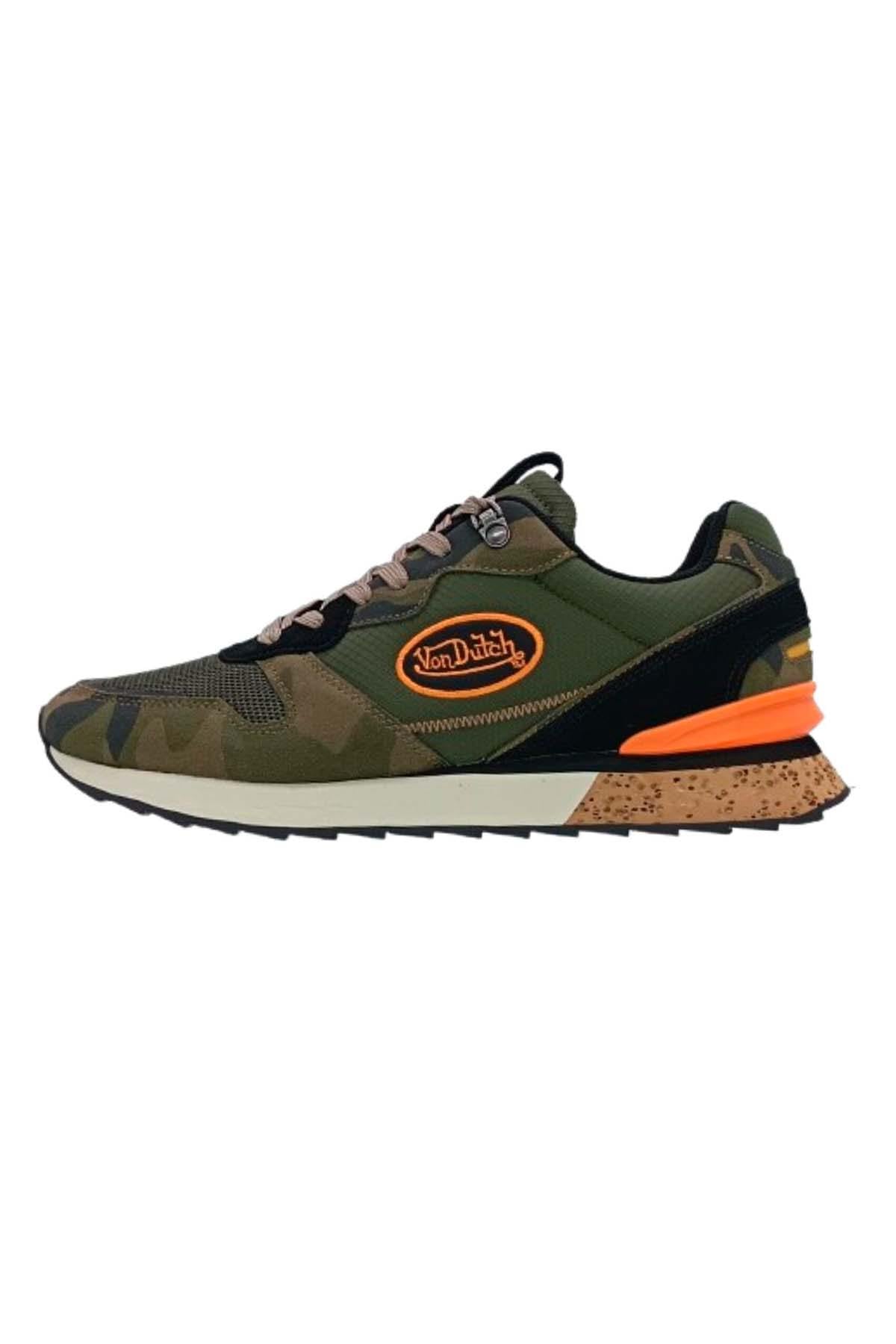 Khaki, orange, and camouflage textile sneakers - Image n°1