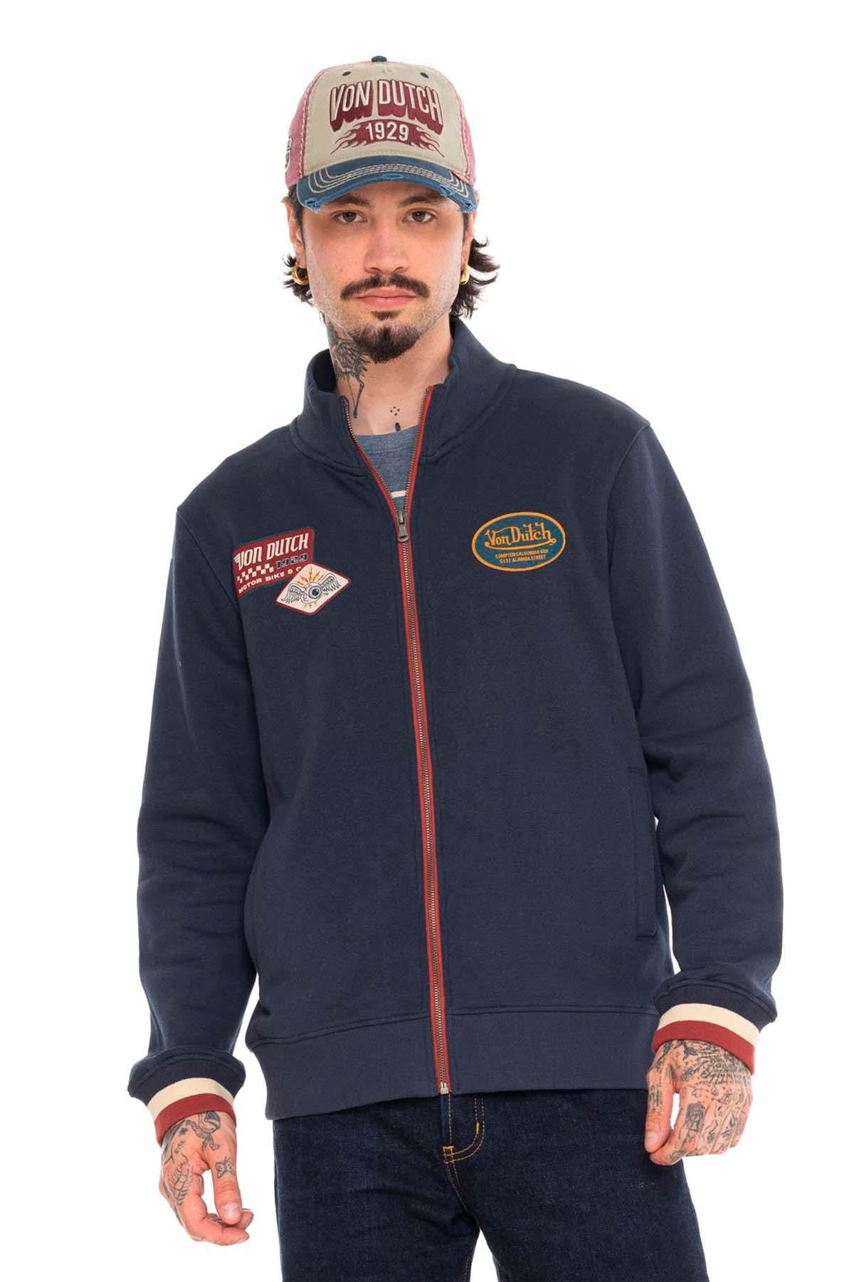 Navy blue zip-neck sweatshirt with badges - Image n°1