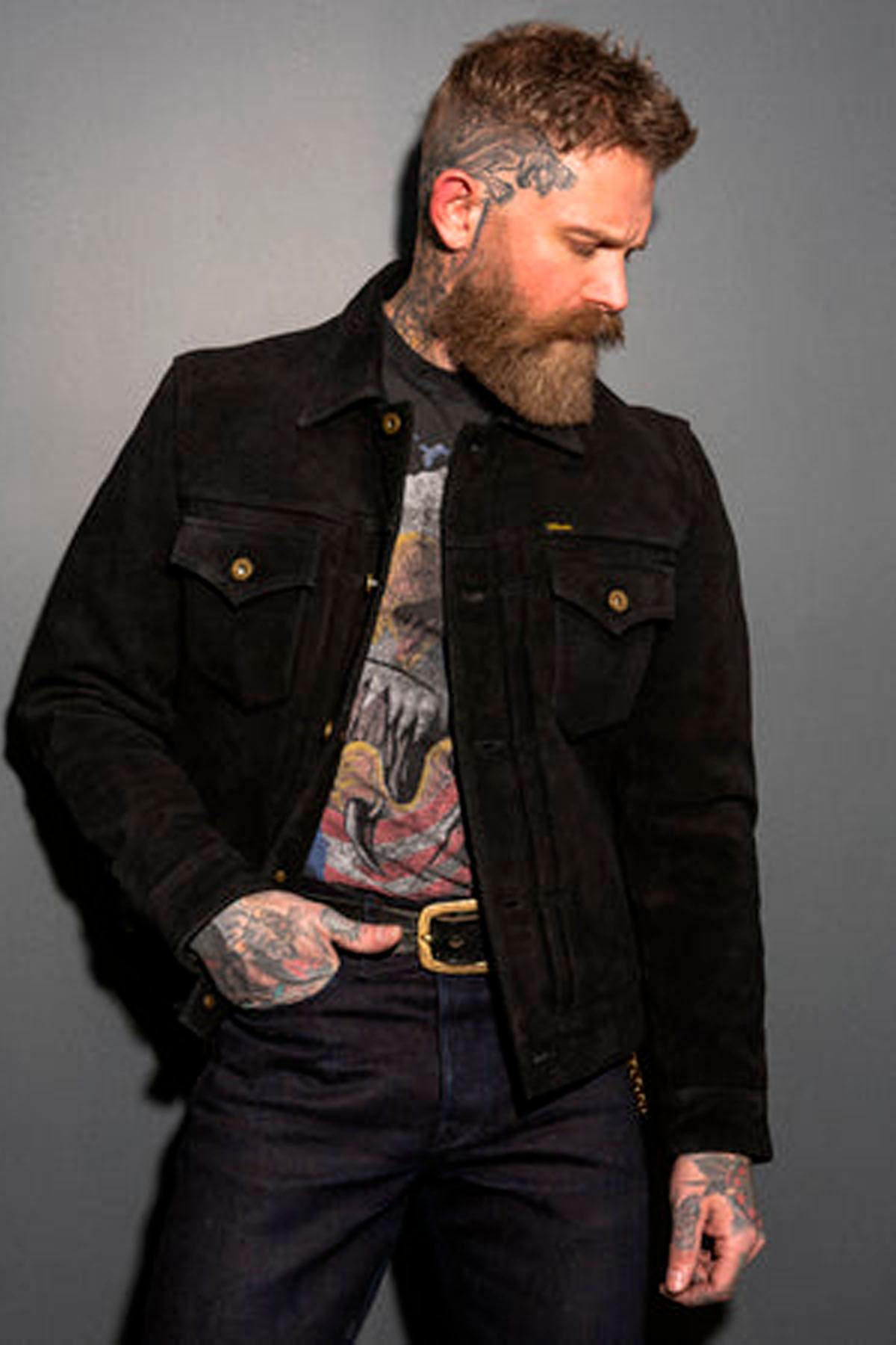Midnight blue suede jacket with Western embroidery - Image n°1