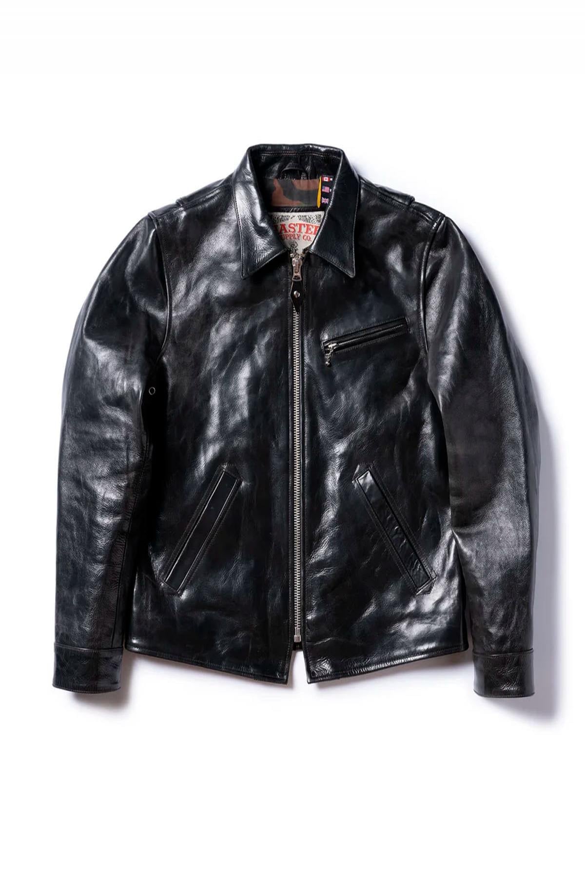 Glossy black leather jacket with a shirt collar - Image n°8