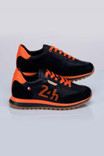 Blue and orange leather racing-style sneakers - Image n°1