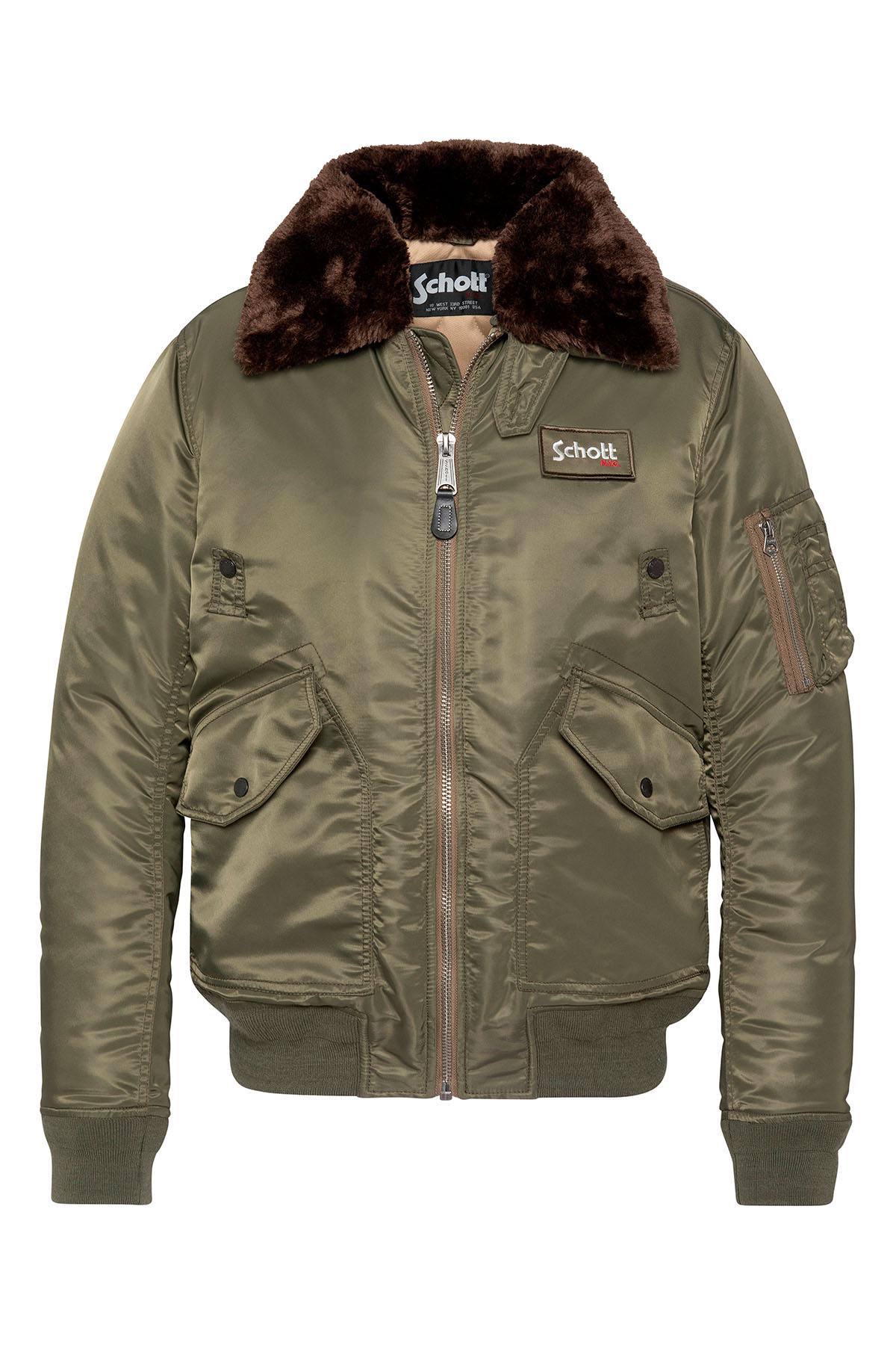 Army khaki bomber jacket with detachable faux-fur collar - Image n°1