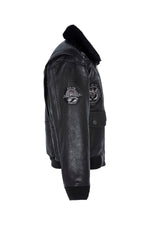 Black leather pilot jacket with patches and premium lining - Image n°2