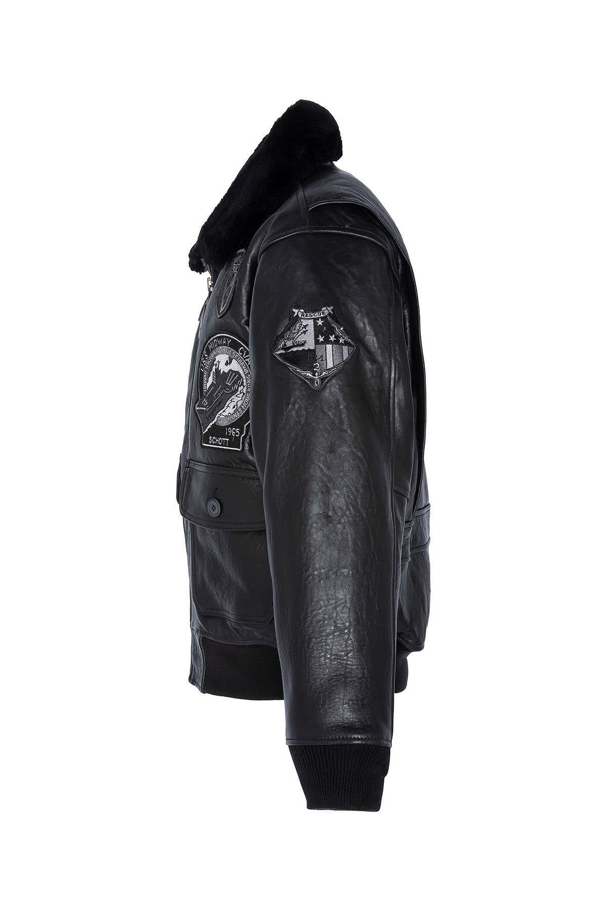 Black leather pilot jacket with patches and premium lining - Image n°4