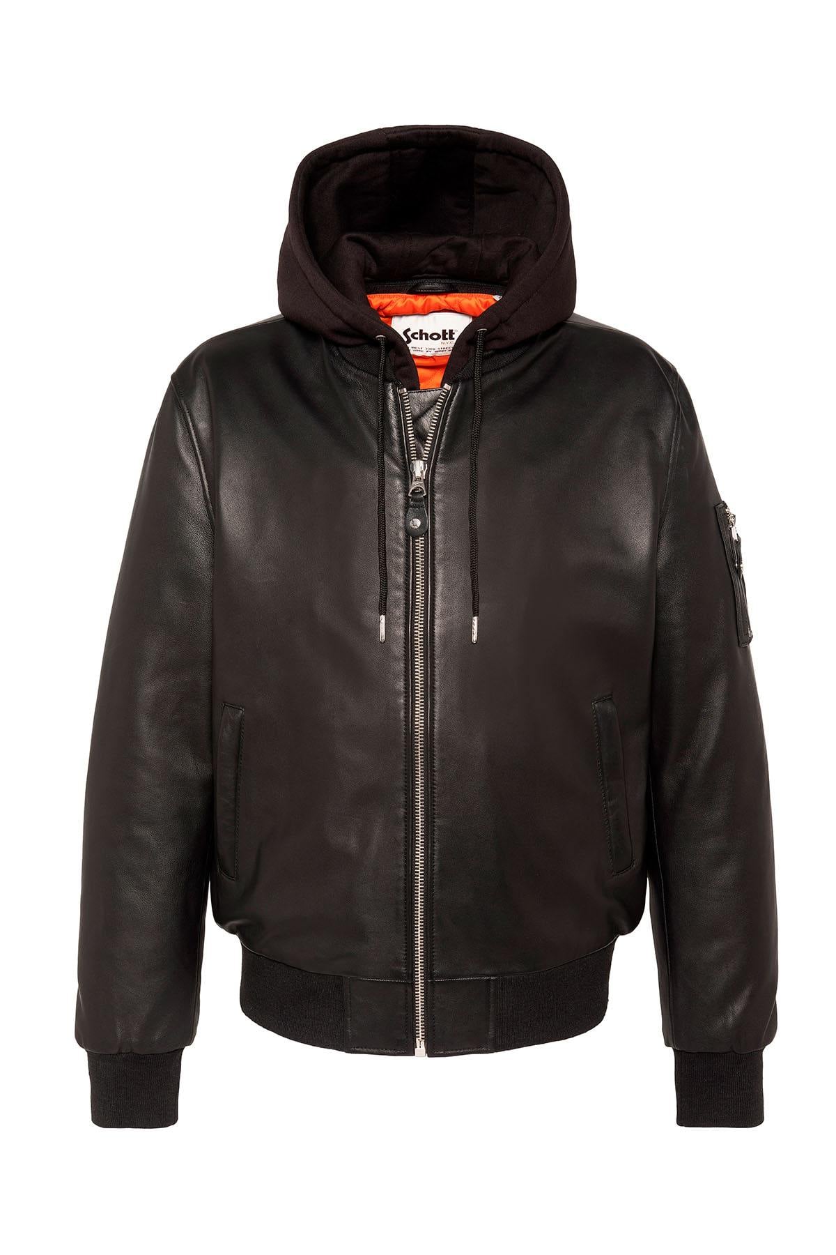Black leather MA-1 bomber jacket with detachable hood - Image n°4
