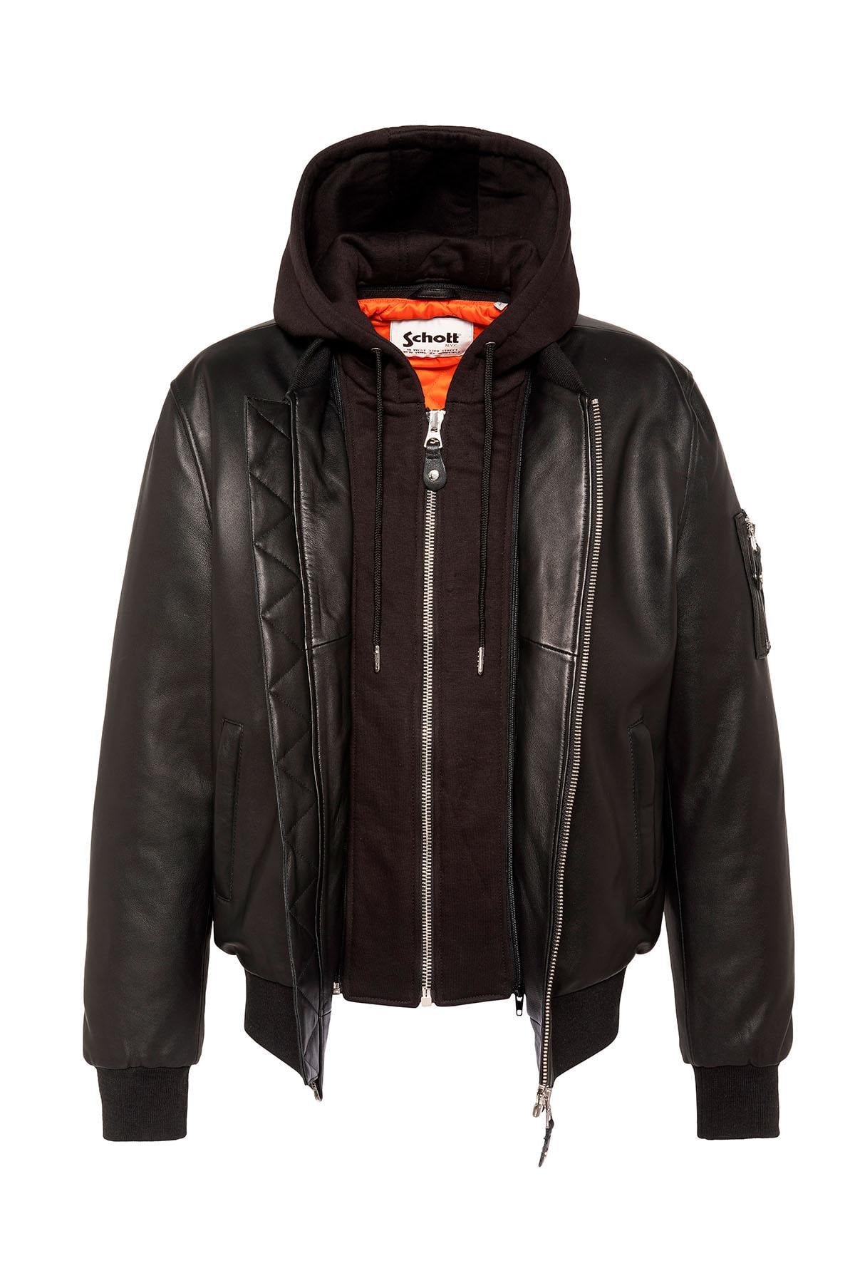 Black leather MA-1 bomber jacket with detachable hood - Image n°5