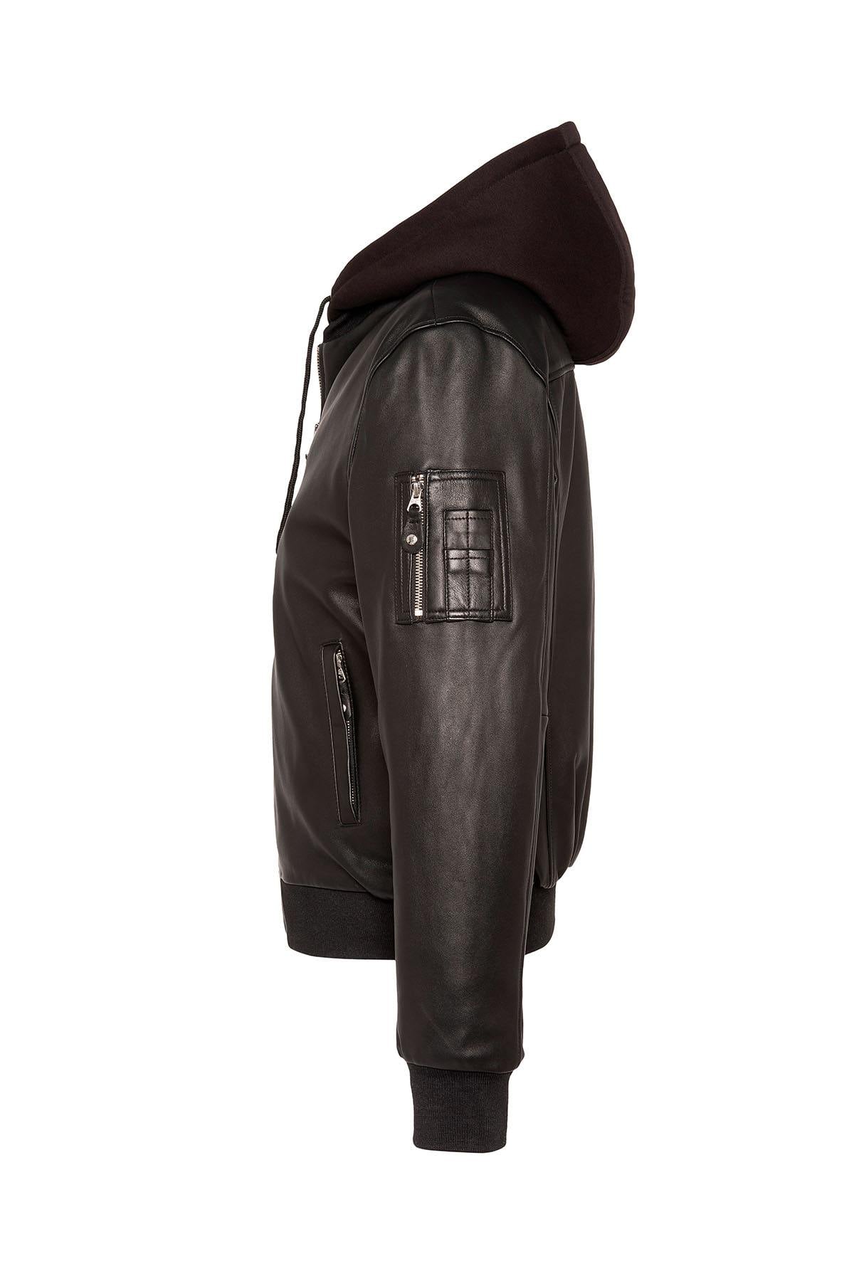 Black leather MA-1 bomber jacket with detachable hood - Image n°7