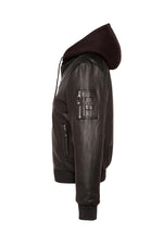 Black leather MA-1 bomber jacket with detachable hood - Image n°7