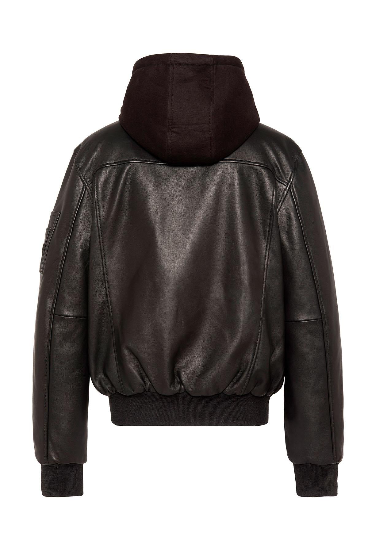 Black leather MA-1 bomber jacket with detachable hood - Image n°6