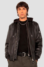 Black leather MA-1 bomber jacket with detachable hood - Image n°2