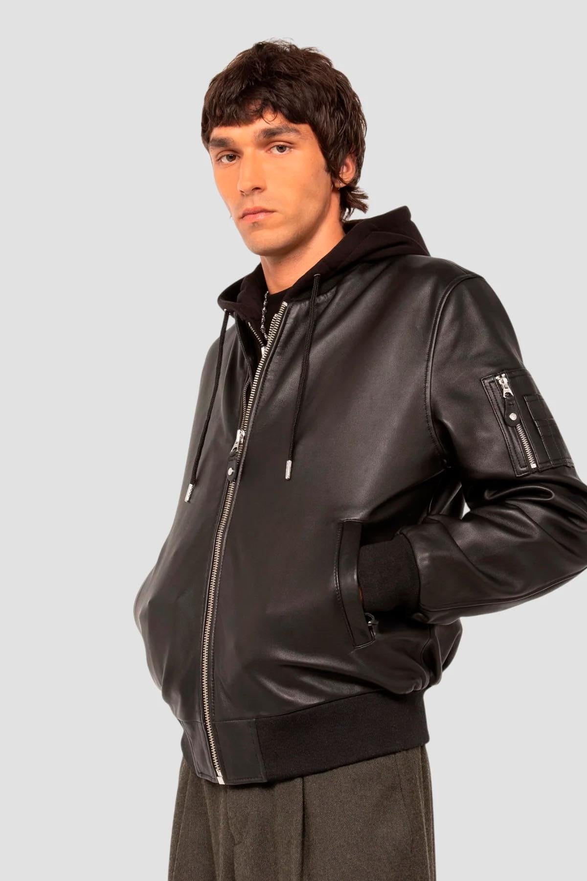 Black leather MA-1 bomber jacket with detachable hood - Image n°9