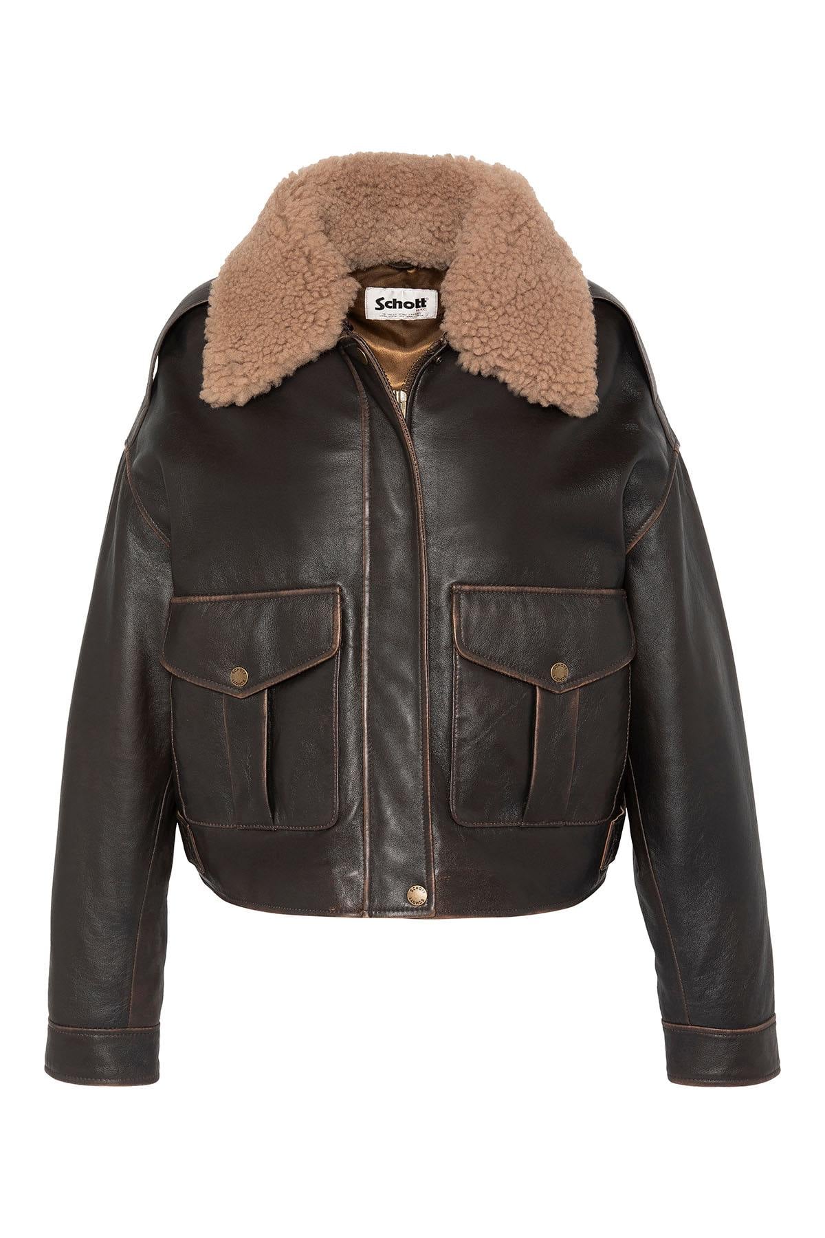 Short dark brown leather aviator jacket with a vintage look - Image n°6