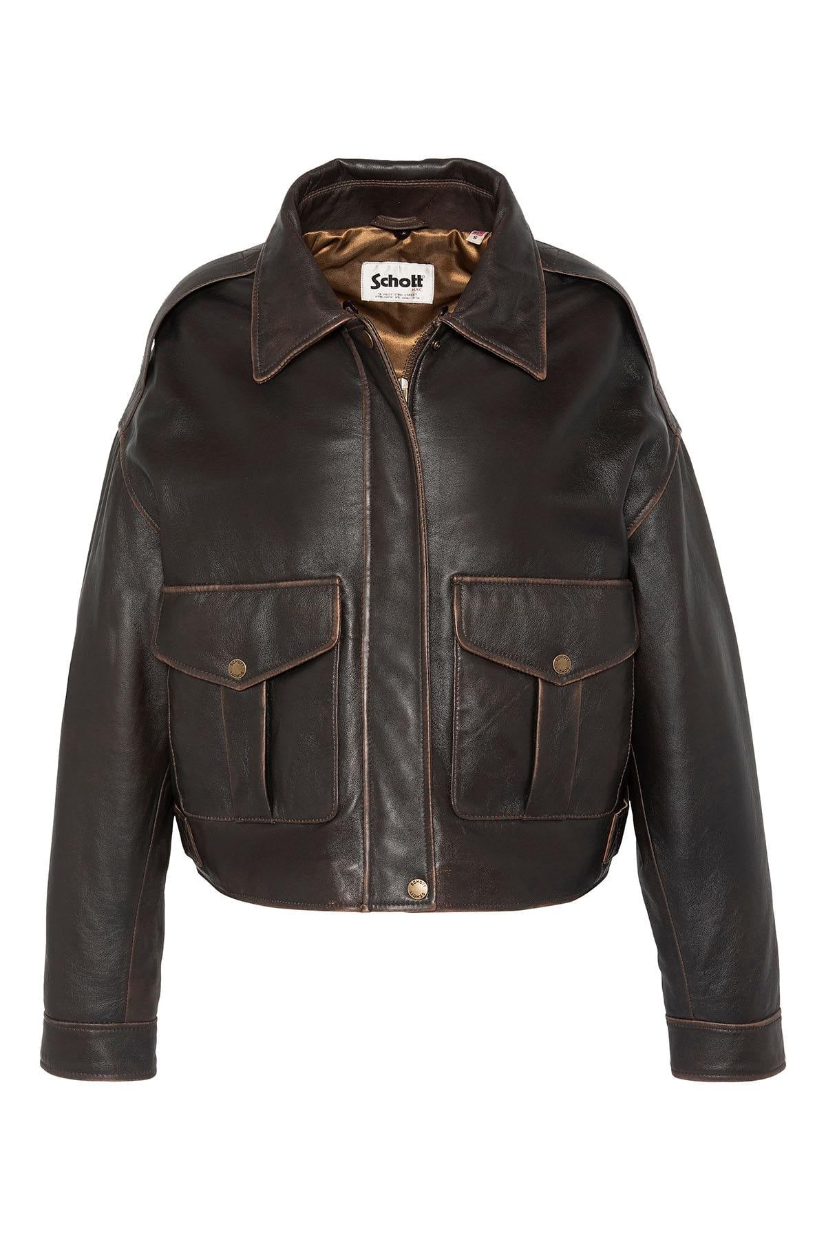 Short dark brown leather aviator jacket with a vintage look - Image n°5