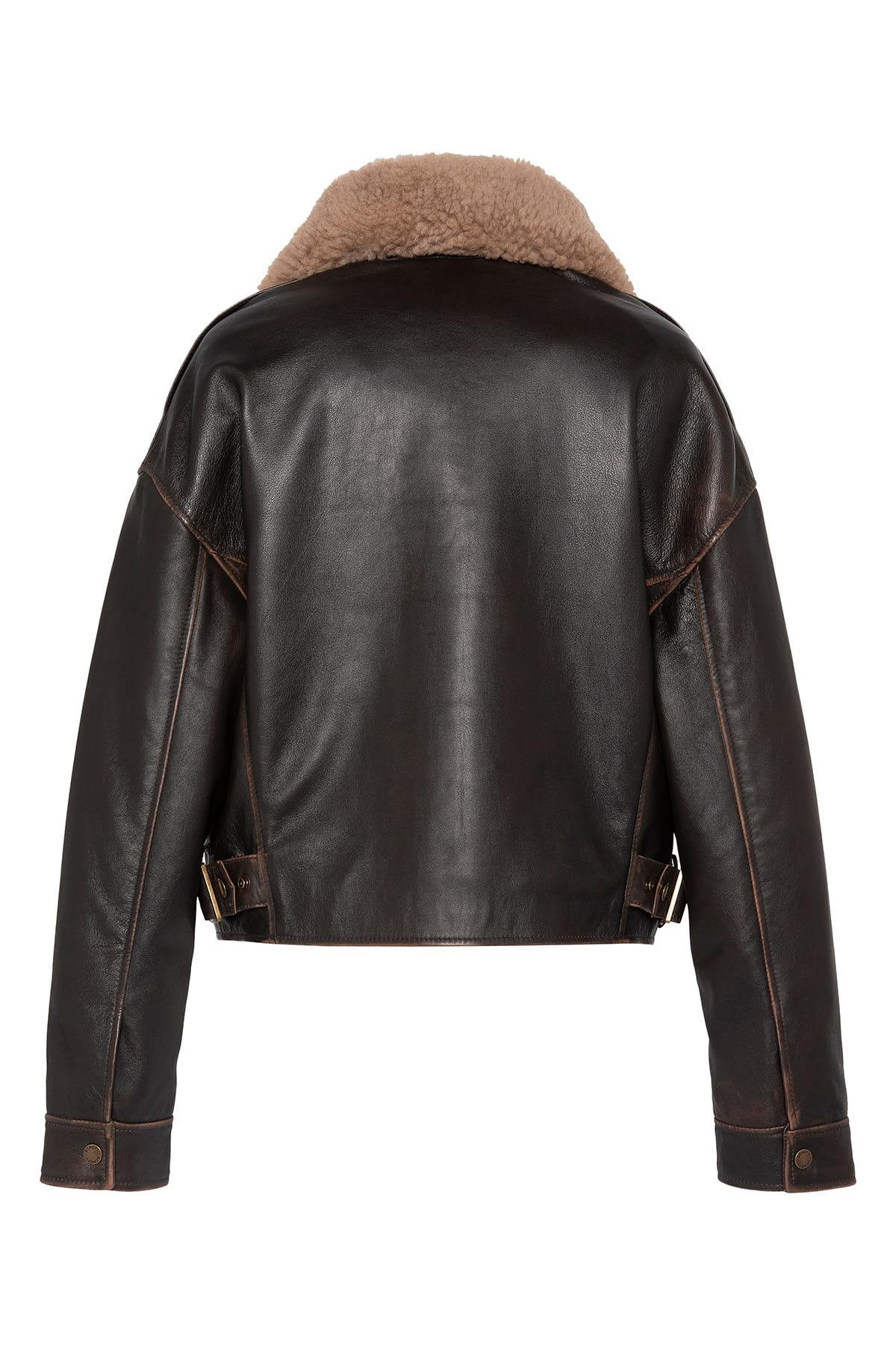 Short dark brown leather aviator jacket with a vintage look - Image n°8