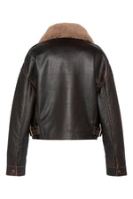 Short dark brown leather aviator jacket with a vintage look - Image n°8