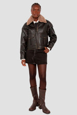 Short dark brown leather aviator jacket with a vintage look - Image n°3