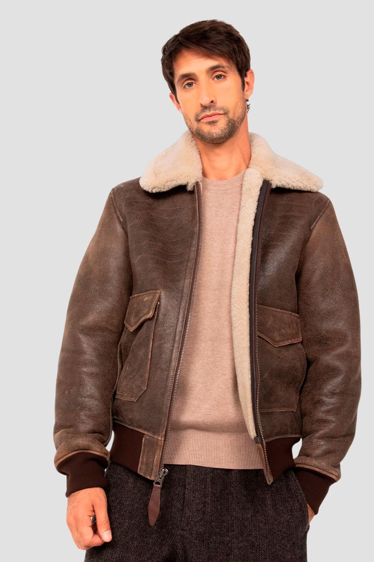 Brown double-faced shearling aviator jacket - Image n°5