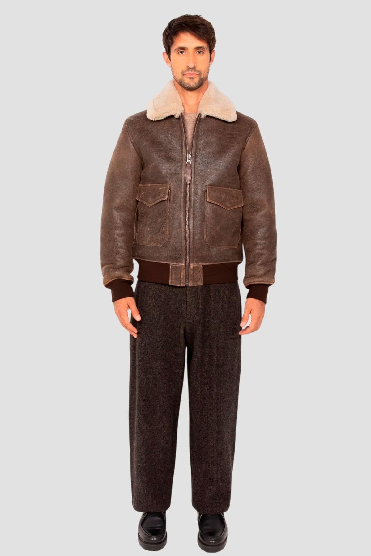 Brown double-faced shearling aviator jacket - Image n°8