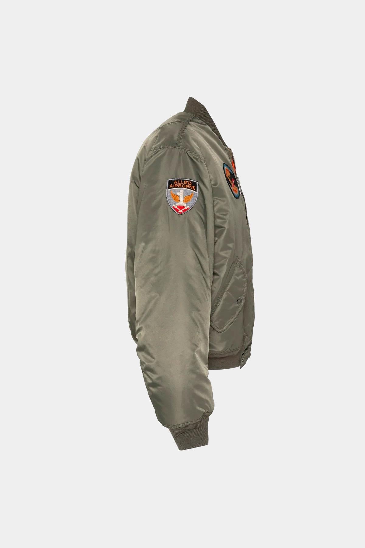 Sage khaki MA-1 style bomber jacket with patches - Image n°12