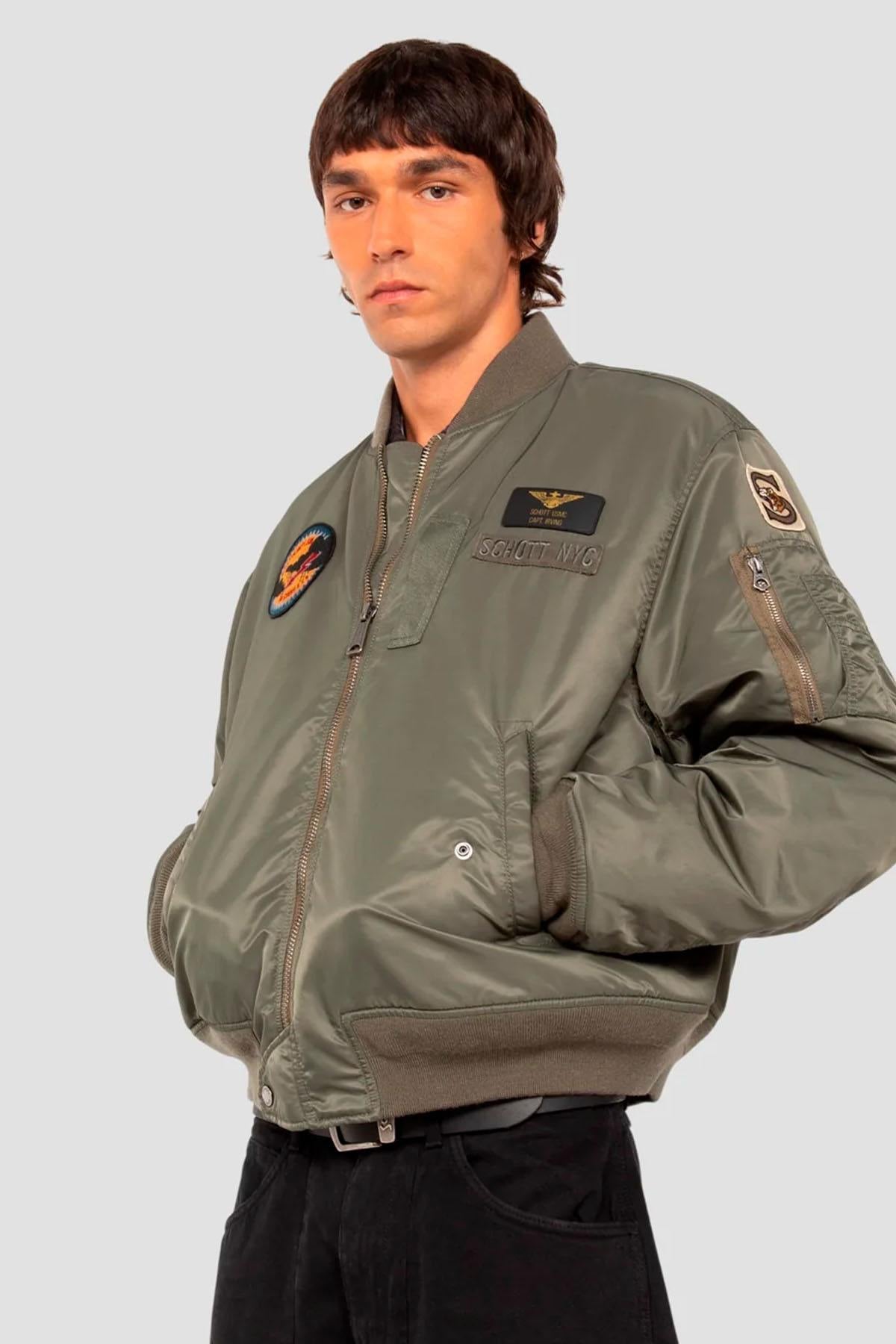 Sage khaki MA-1 style bomber jacket with patches - Image n°1