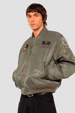 Sage khaki MA-1 style bomber jacket with patches - Image n°1
