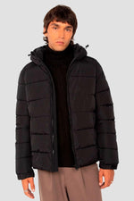 Black hooded polyester puffer jacket - Image n°1