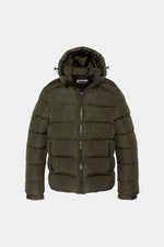 Dark khaki hooded polyester puffer jacket - Image n°5