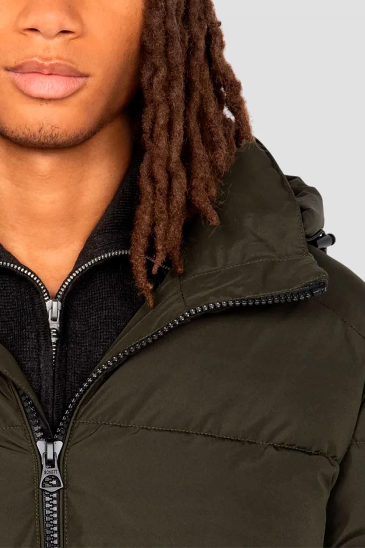 Dark khaki hooded polyester puffer jacket - Image n°4