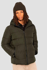 Dark khaki hooded polyester puffer jacket - Image n°1