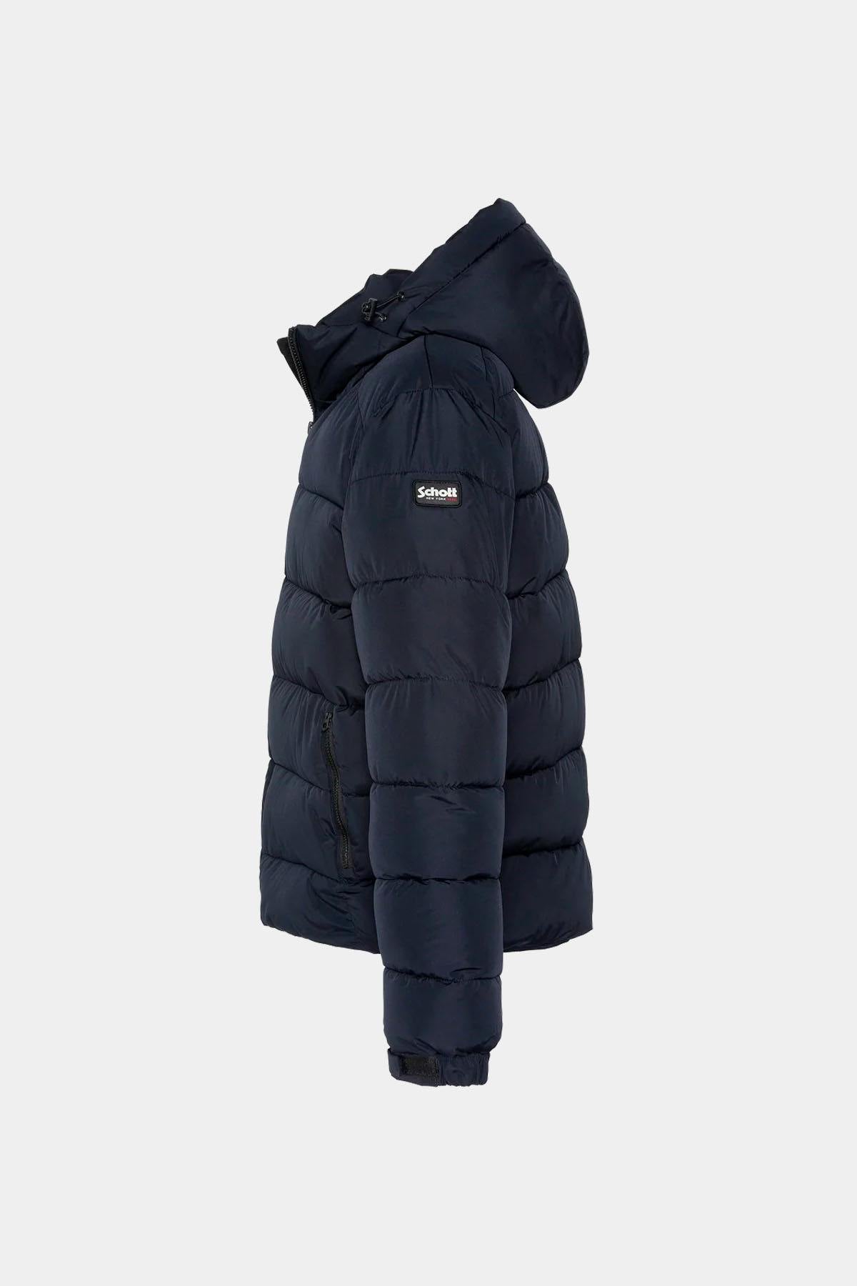 Dark navy blue hooded polyester puffer jacket - Image n°4