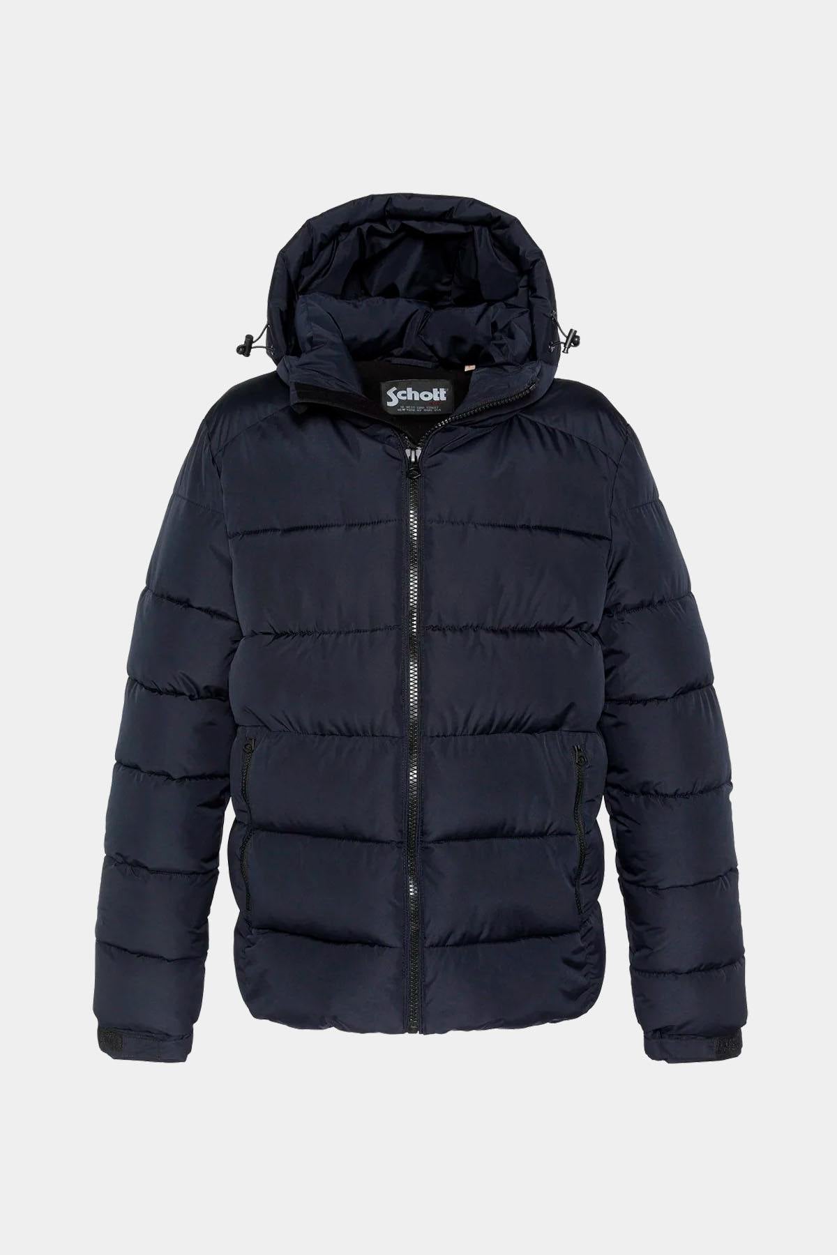 Dark navy blue hooded polyester puffer jacket - Image n°1