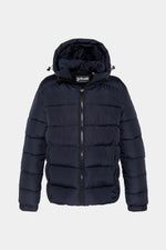 Dark navy blue hooded polyester puffer jacket - Image n°1