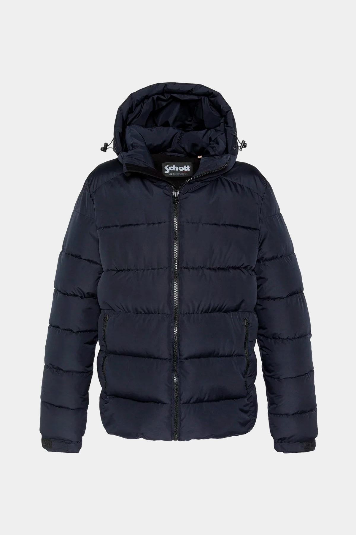 Dark navy blue hooded polyester puffer jacket - Image n°1