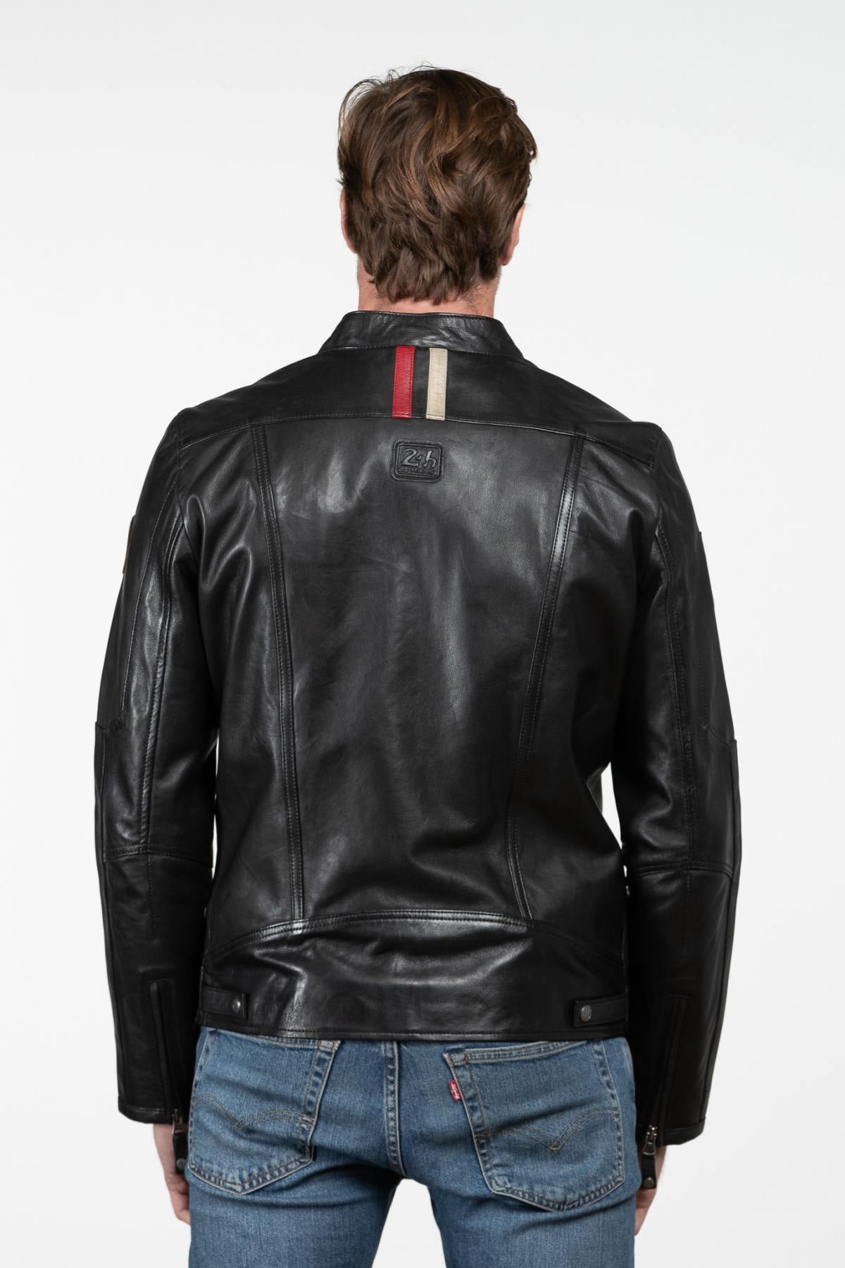 Black leather jacket with a biker collar and multiple pockets - Image n°2