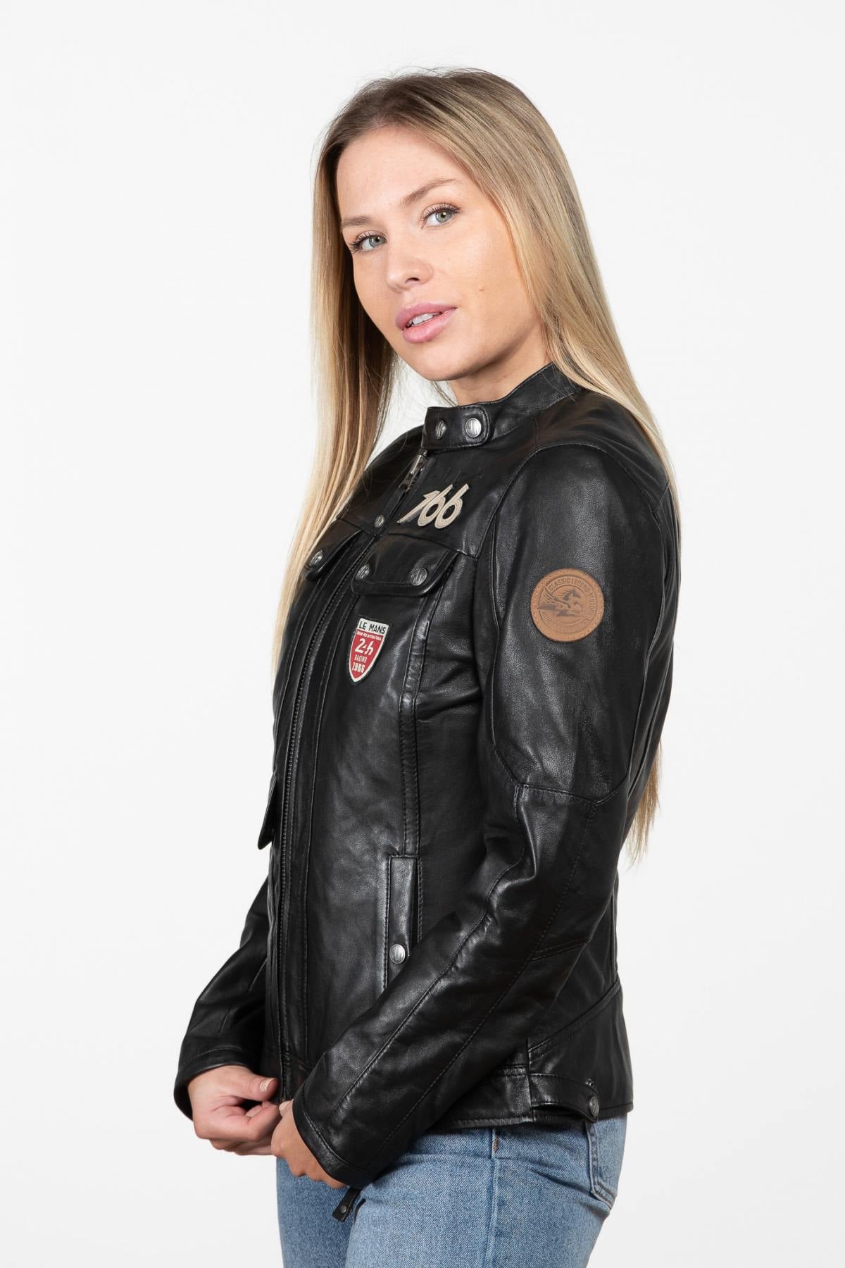 Women's black multi-pocket leather racing jacket - Image n°2