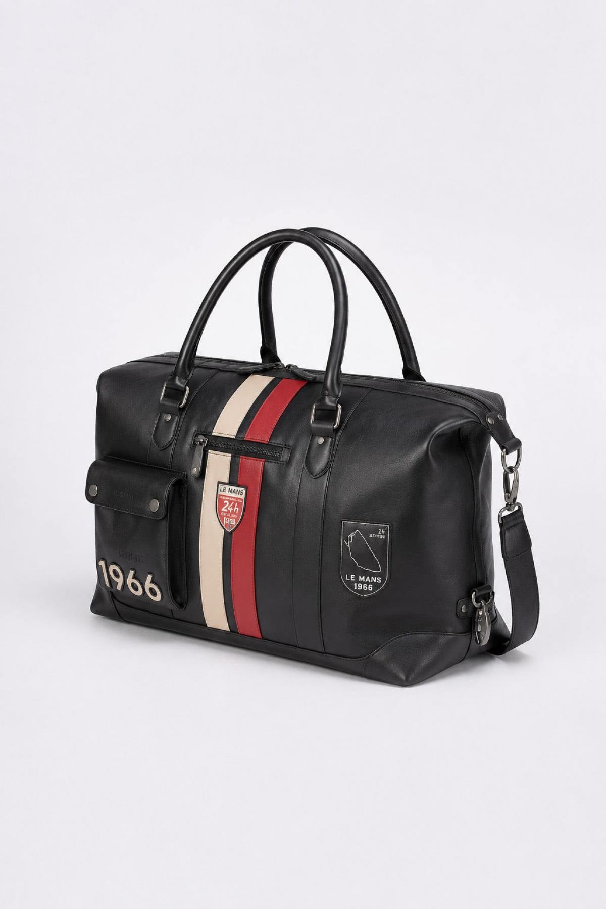 Black leather racing-style 48-hour travel bag - Image n°4