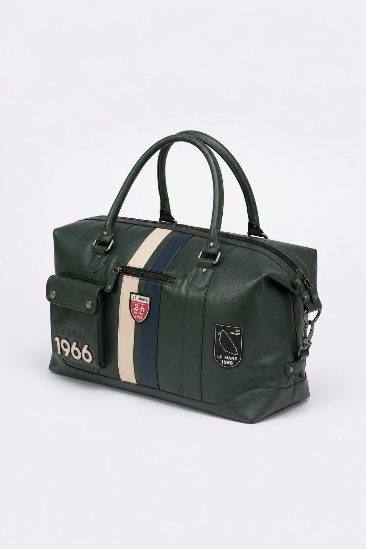 Green leather racing-style 48-hour travel bag - Image n°2