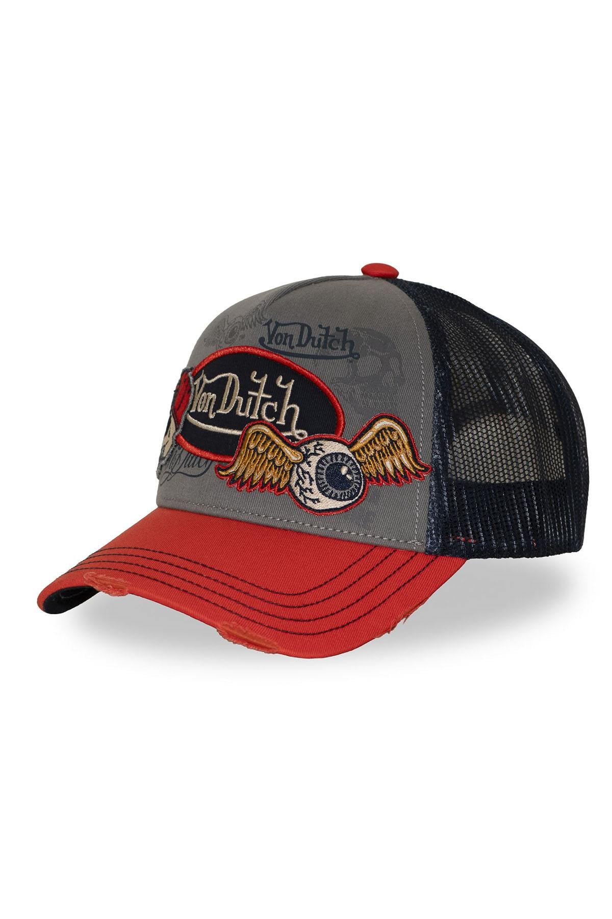Red and grey trucker cap with patch and print - Image n°1