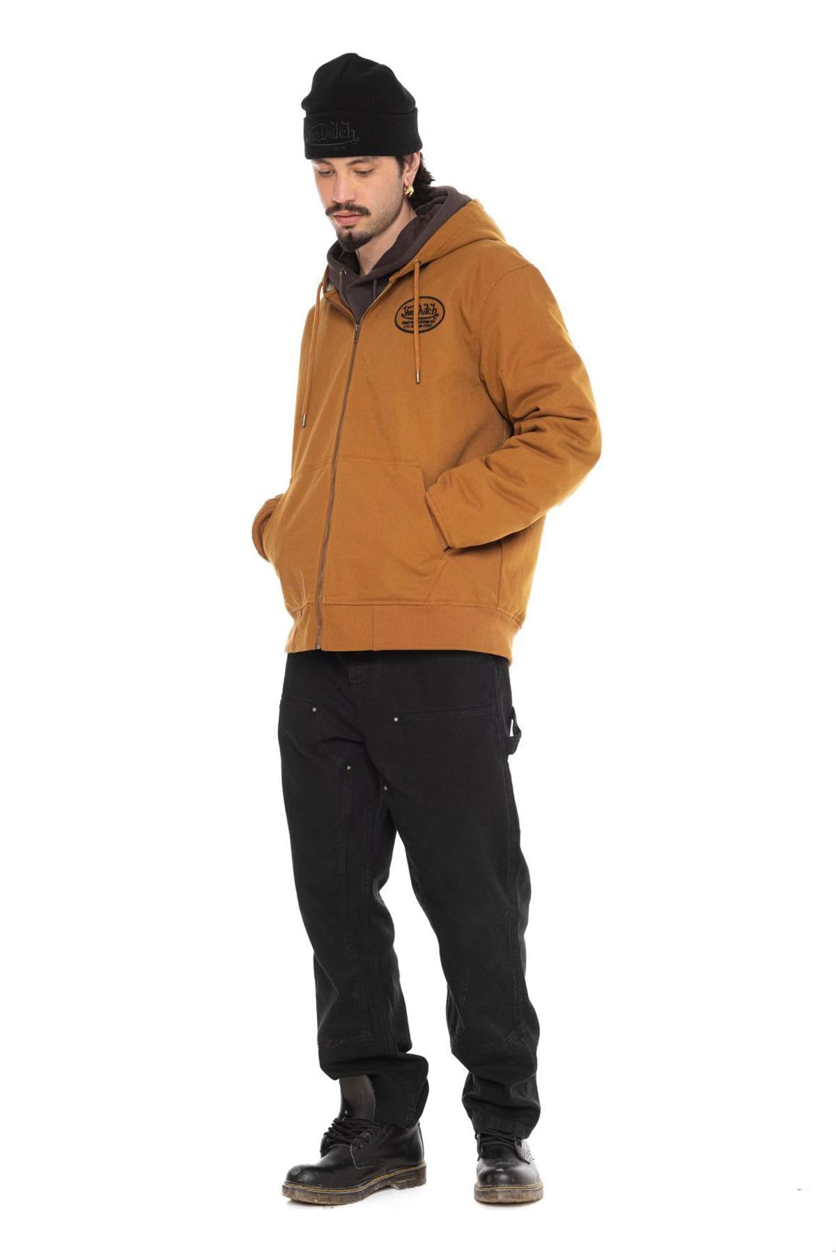 Brown hooded jacket in lined checkered canvas - Image n°8