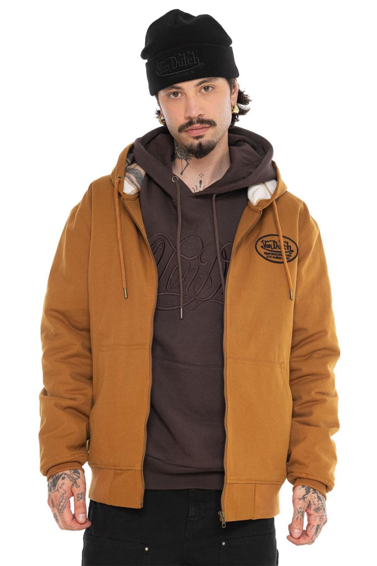 Brown hooded jacket in lined checkered canvas - Image n°7